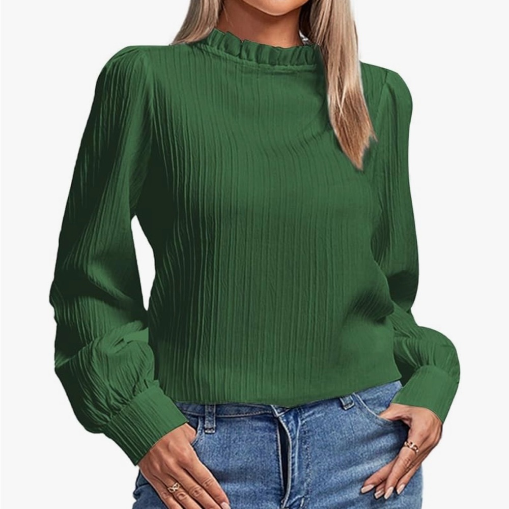 Opoipin - Women’s pleated mock neck frill trim long sleeve shirt - NEW